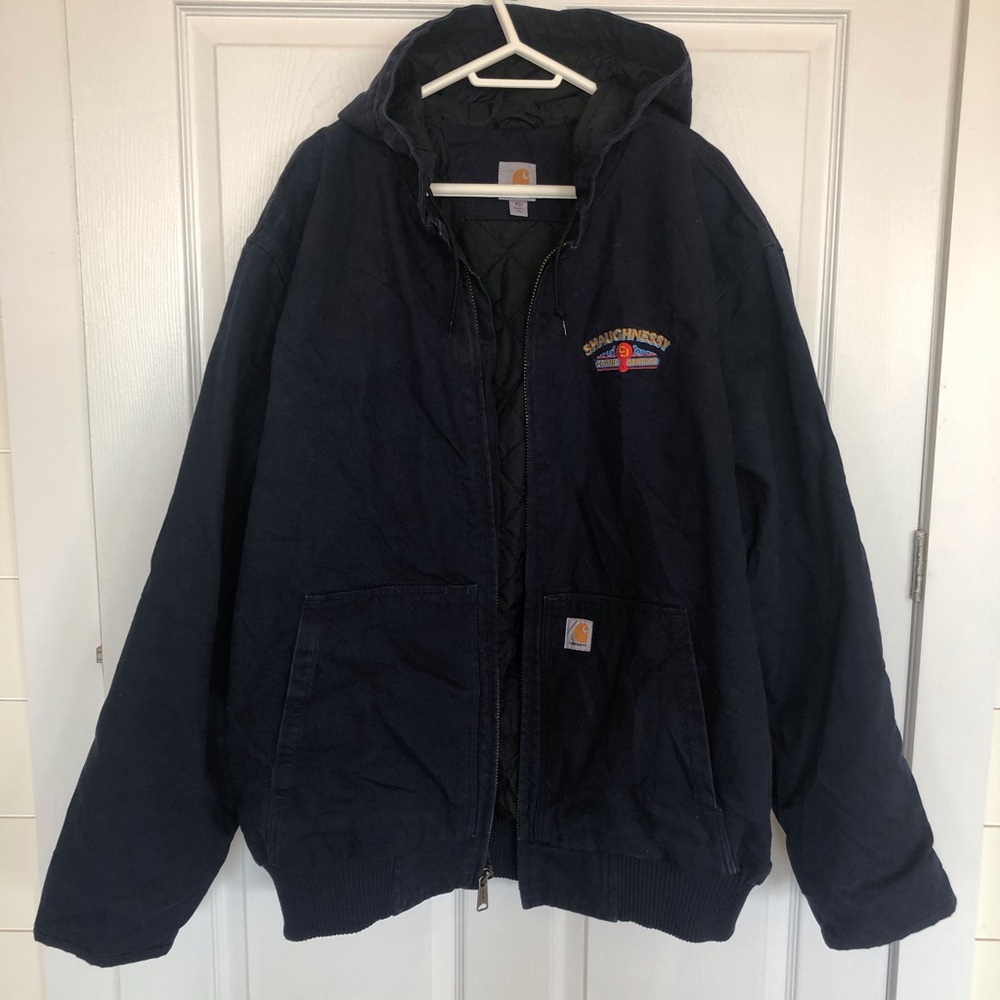 Carhartt Loose Fit Lined Duck Jacket navy hood pockets rib knit hem 3XL Tall